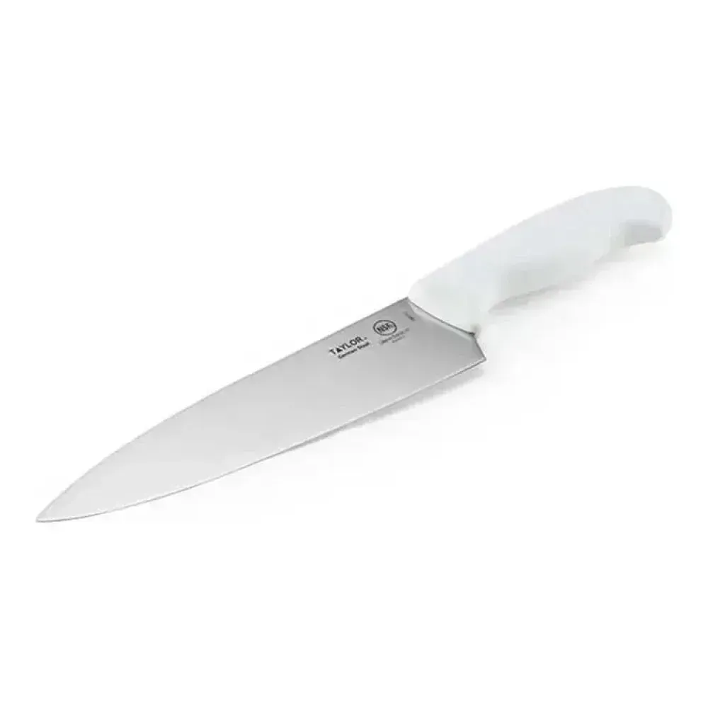 Taylor chef knife with white silicone handle, all-purpose tool for chopping, slicing, and dicing tasks in food prep stations and commercial kitchens.