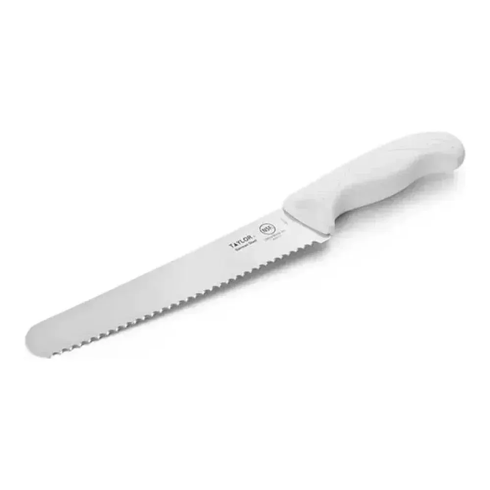 Taylor bread knife with white silicone handle, serrated blade slices through bread and baked goods cleanly without crushing soft textures.