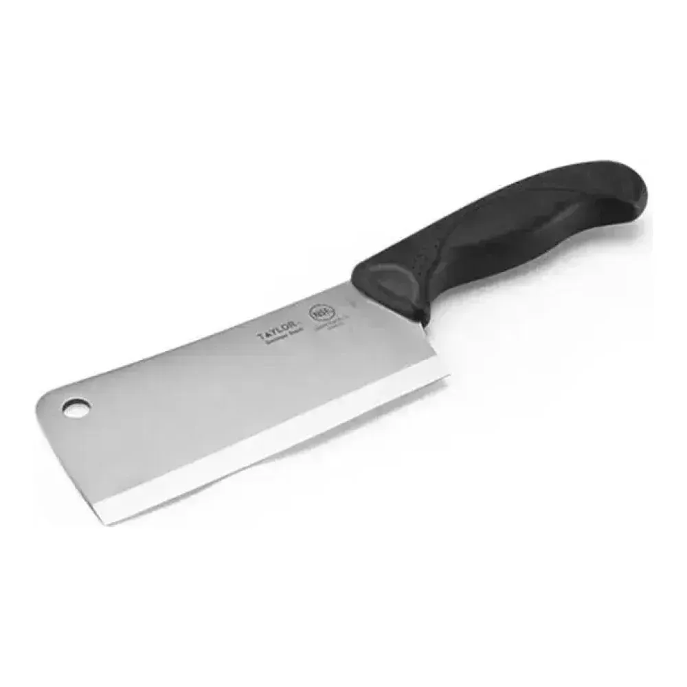 Taylor cleaver with black silicone handle, designed for butchering, chopping, and dense food prep in commercial kitchens and high-volume use.