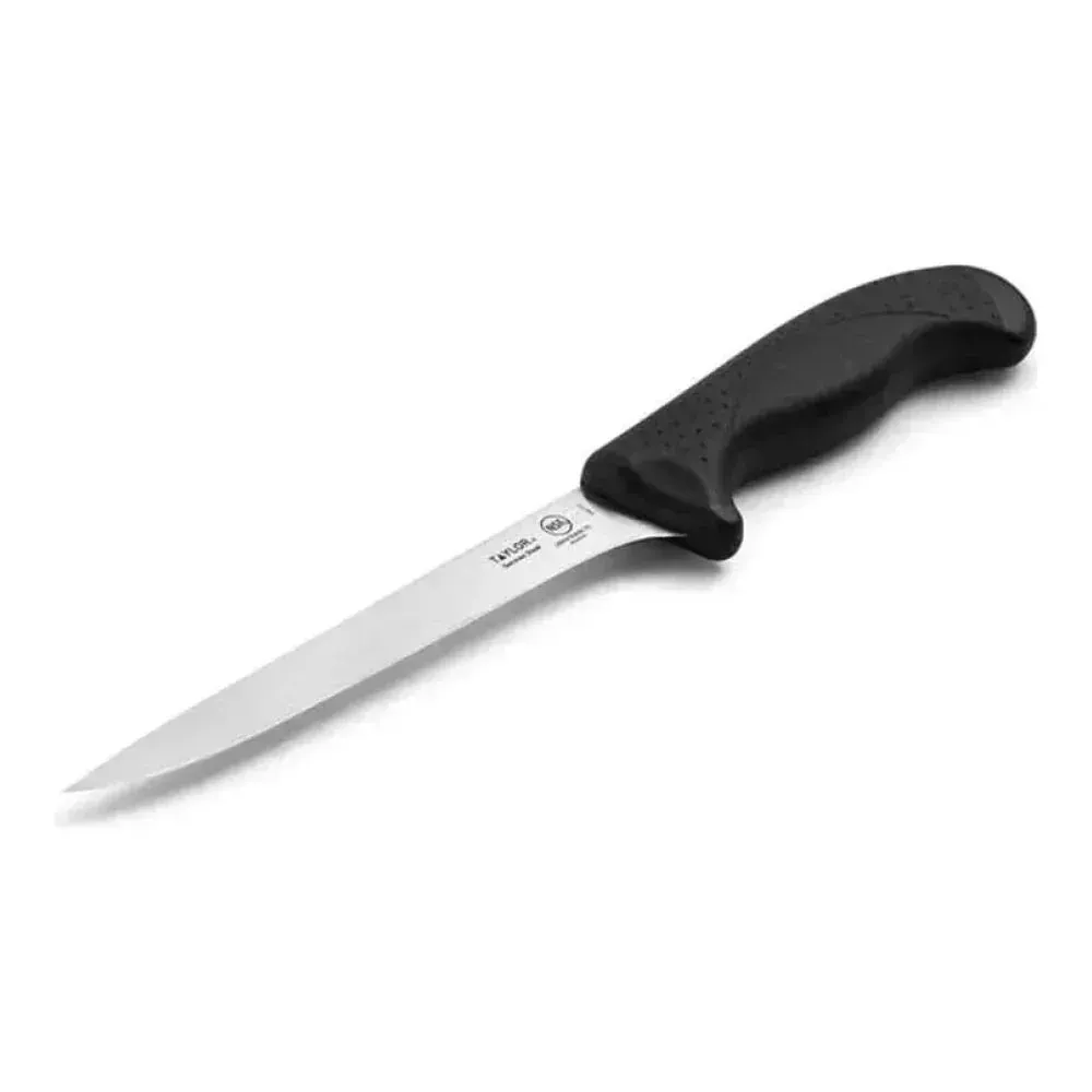 Taylor fillet knife with black silicone handle, crafted for smooth fish filleting and precision slicing in seafood or commercial kitchen settings.
