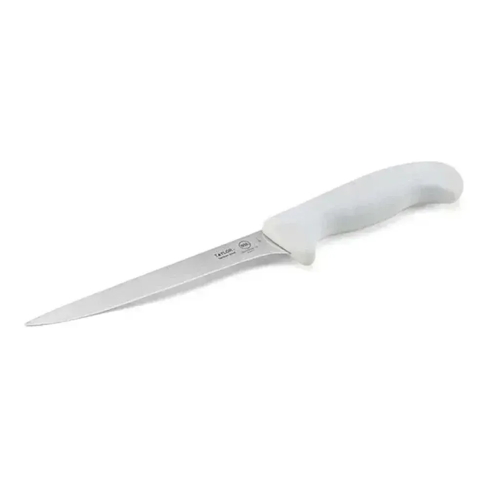 Taylor fillet knife with white silicone handle, narrow and flexible for clean filleting and portioning of fish or soft meats in seafood prep areas.