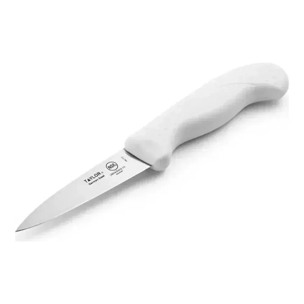 Taylor small paring knife with white silicone handle, compact and sharp for fine slicing, peeling fruits, or prepping small ingredients in the kitchen.