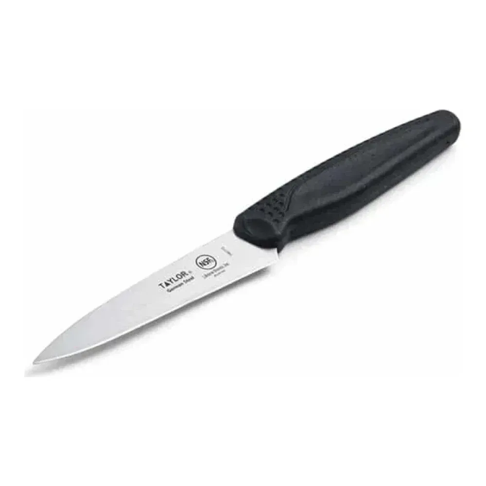 Taylor paring knife with black silicone handle, sharp and comfortable for peeling, slicing, and performing delicate kitchen prep work with ease.