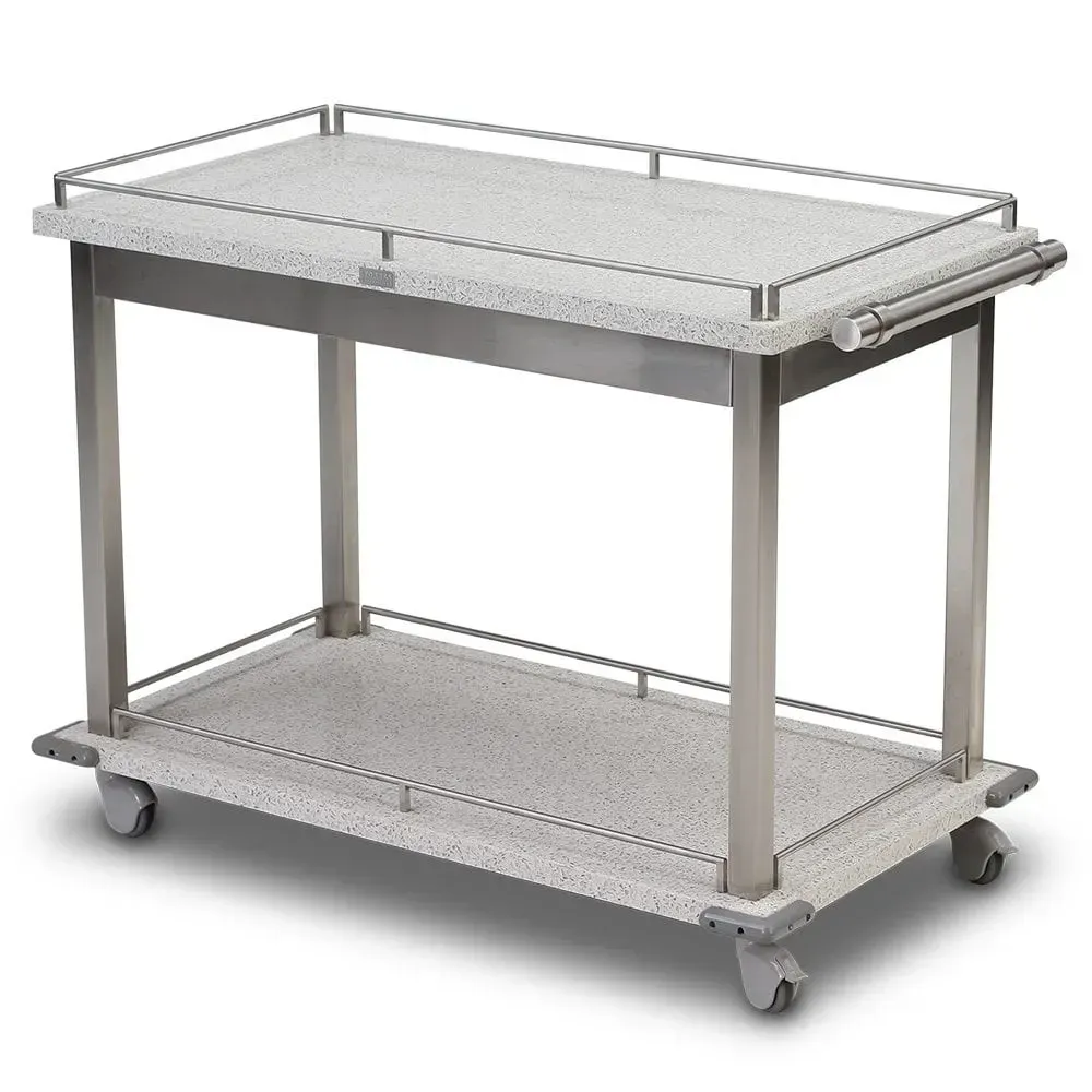 Forbes Industries deluxe service cart with stainless steel square legs, modern hybrid design offering durability and style in foodservice operations.