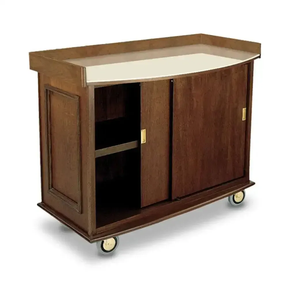 Forbes Industries wood veneer beverage cart and Avonite top, ideal for elegant drink service in conference rooms or luxury hospitality spaces.