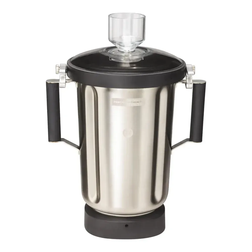 Large-capacity, one-gallon stainless steel Hamilton Beach container with two handles and a secure lid interlock for high-volume food processing.