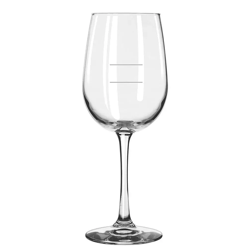 Tall wine glass from Libbey with etched pour lines for consistent serving in hotel or restaurant wine programs focused on presentation.