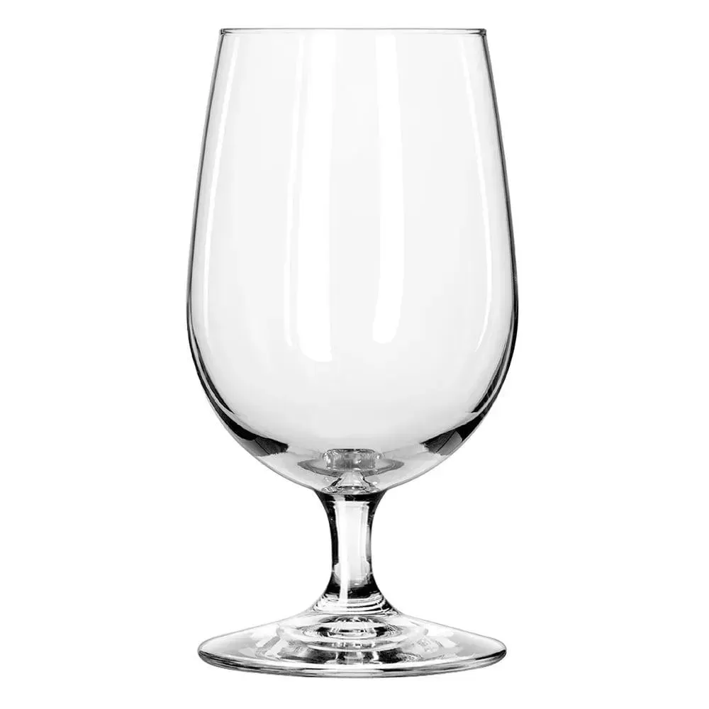 Customizable round goblet glass from Libbey, ideal for restaurant and hotel beverage service, with space for logos on elegant dining tables.