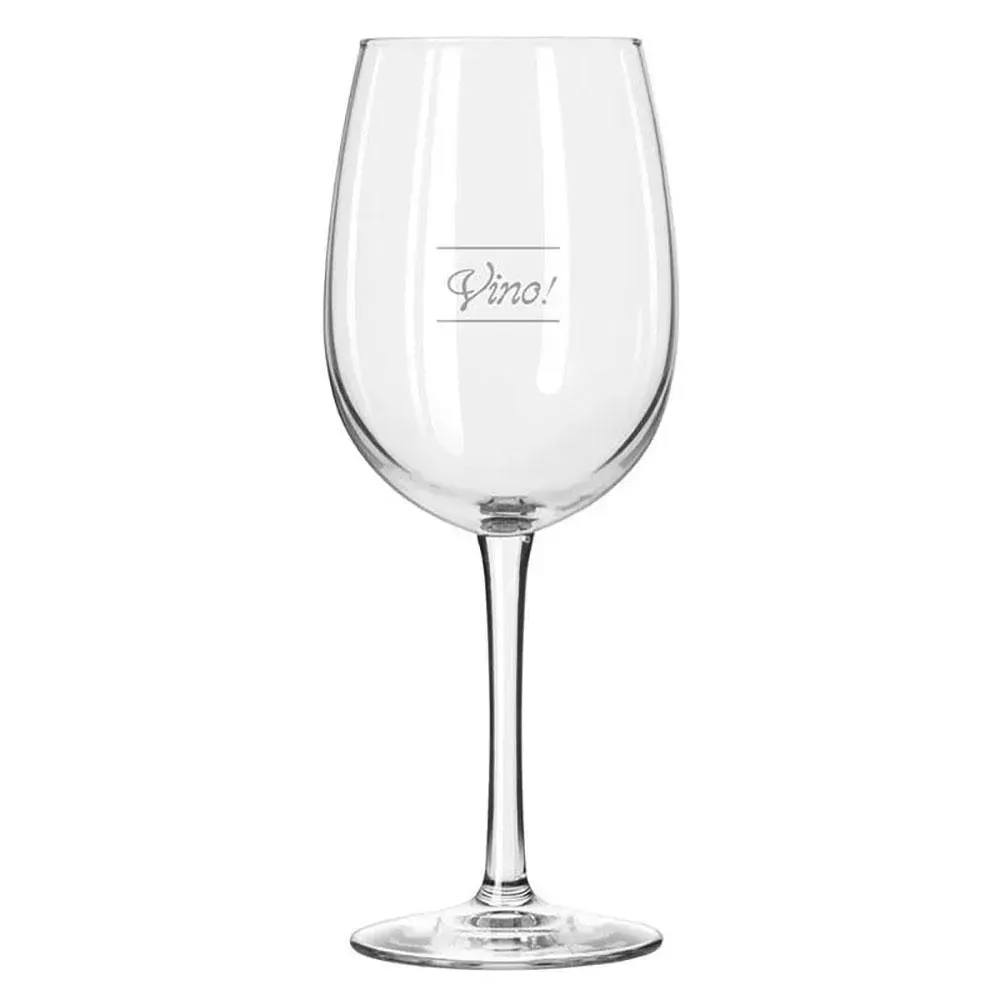 Stemmed wine glass by Libbey with etched pour lines and a vino design, ideal for stylish and accurate wine pours in restaurant bars.