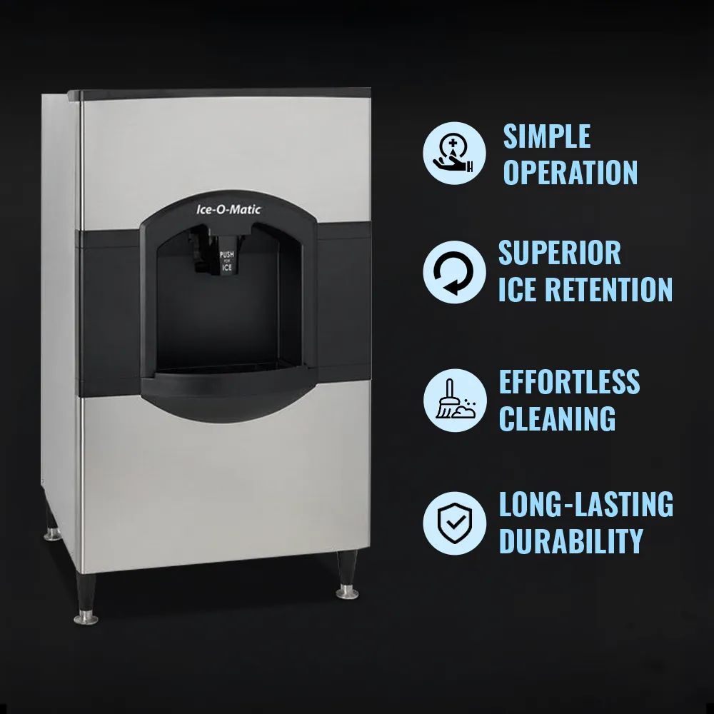 Ice-O-Matic floor model water cube ice dispenser with built-in storage, ideal for easy ice access in restaurants, bars, and cafes.