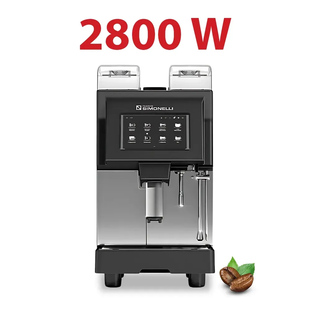 Nuova Simonelli touchscreen super-automatic espresso machine with built-in grinder and milk frother in compact stainless steel for easy operation.