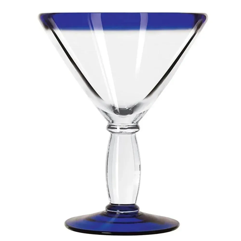 Clear martini glass by Libbey with a cobalt blue rim and base, adding a bold accent to elegant cocktail presentations in bars or lounges.