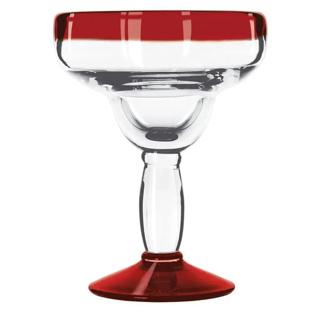 Aruba margarita glass by Libbey with a red rim and wide bowl, perfect for hotel bars and themed cafés serving their signature margaritas.