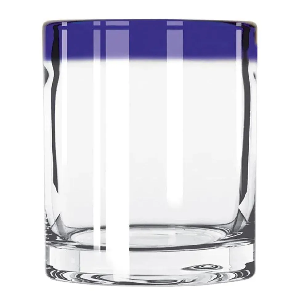 Cobalt rimmed rocks glass by Libbey with a smooth customizable surface, ideal for unique cocktails or branded gifting in vibrant bar settings.