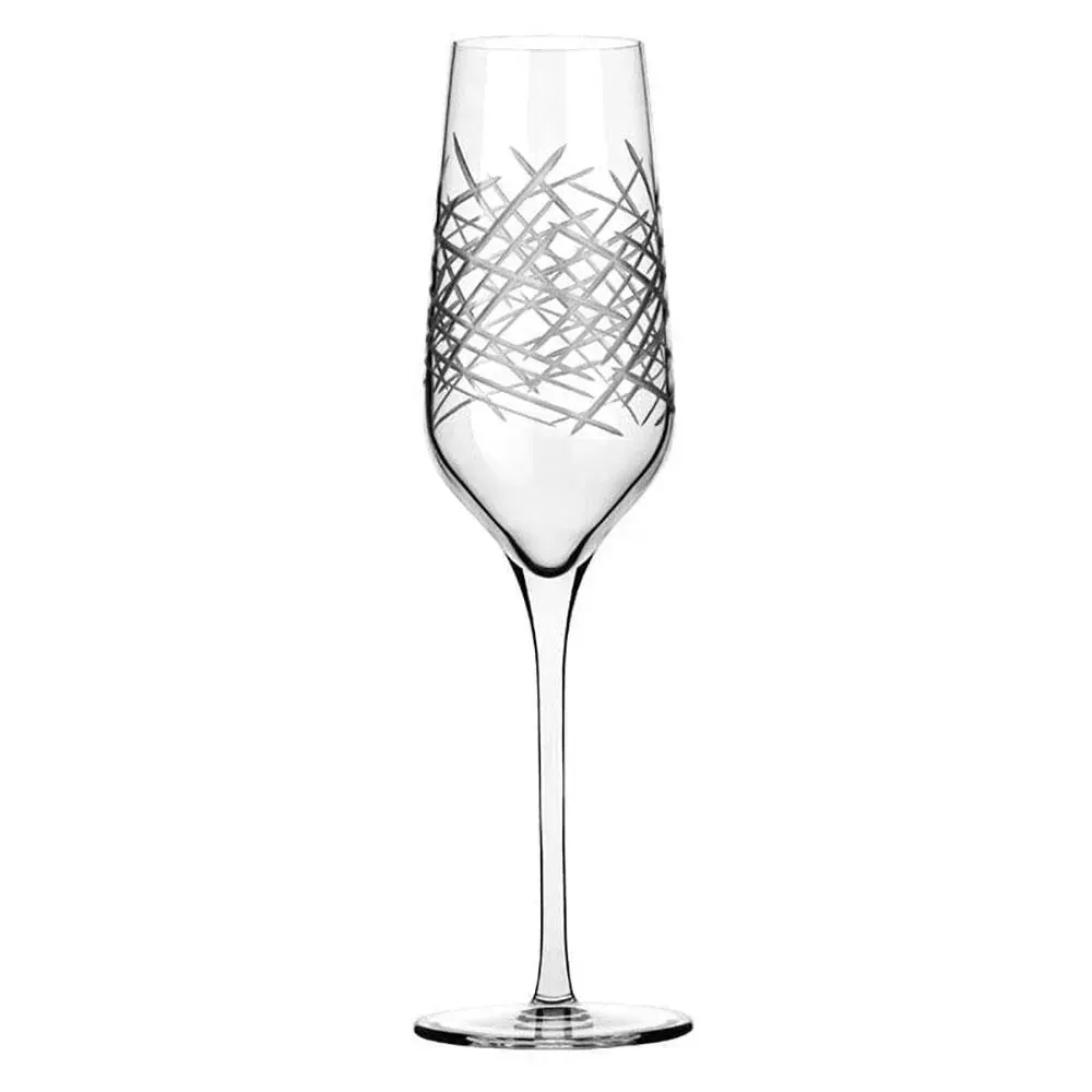 Crosshatch champagne flute by Libbey with a prism inspired design and stemmed base, perfect for sparkling wine toasts and festive celebrations.