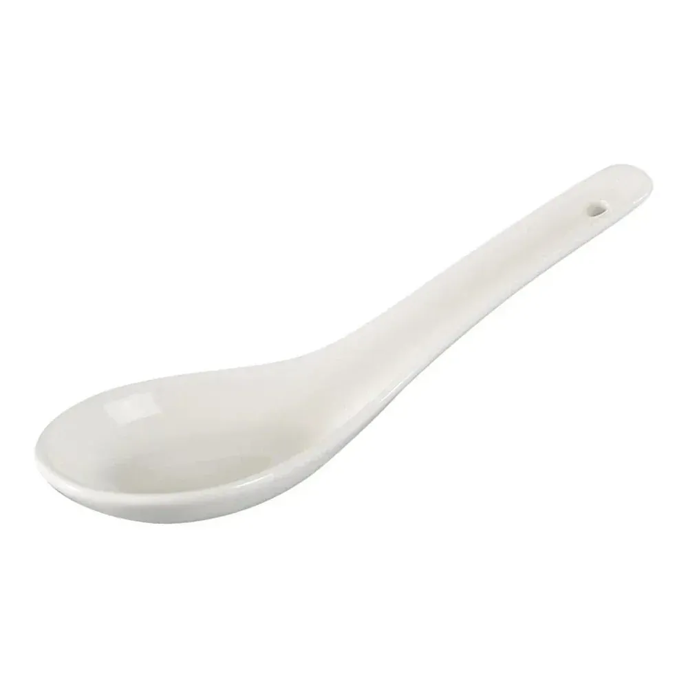 Porcelain soup spoon by Yanco China with a flat bottom and hanging hole, an essential utensil for enjoying Asian soups and broths.