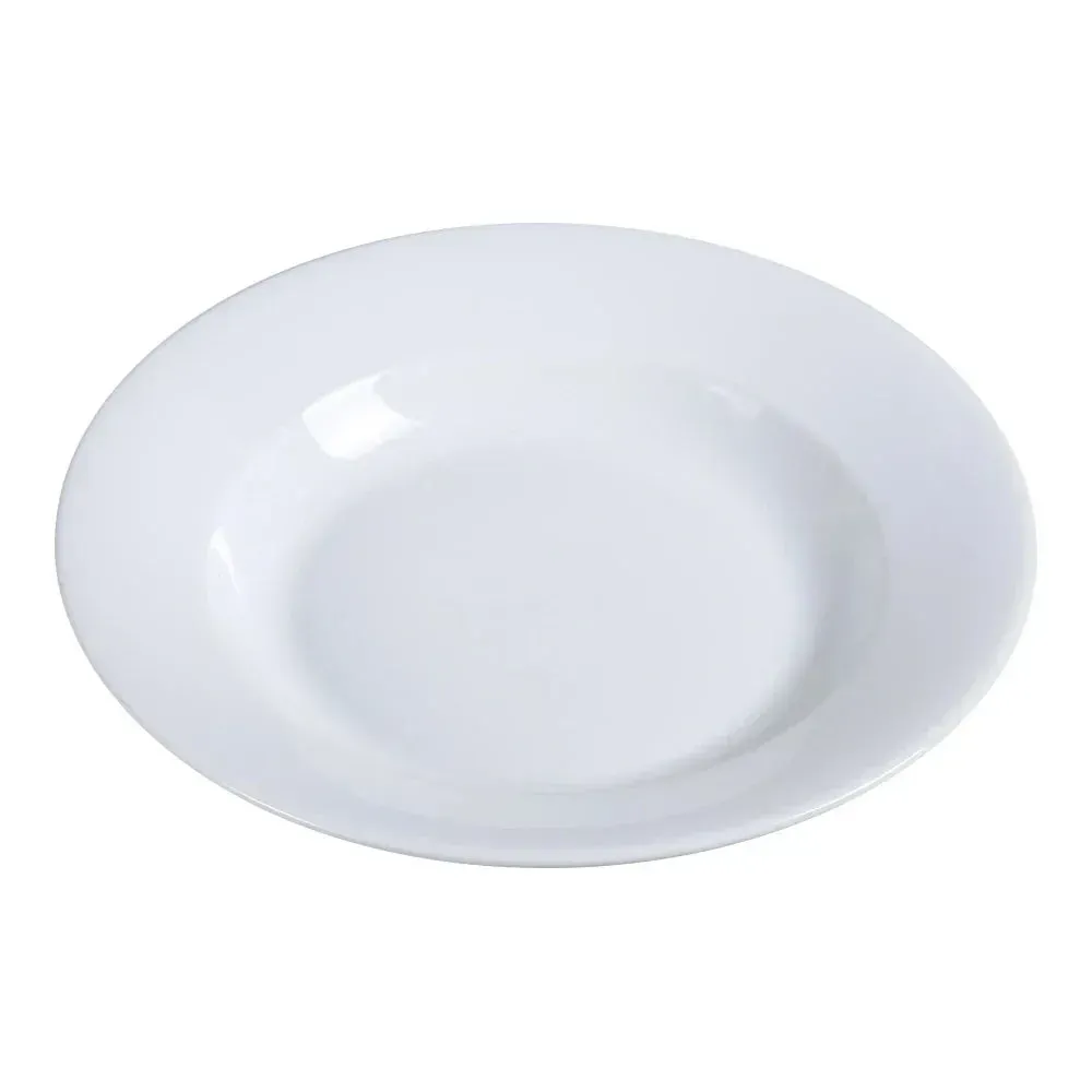 Wide-rim pasta bowl by Yanco China in white chinaware, elegantly designed for generous portions of pasta, soups, or signature salads.