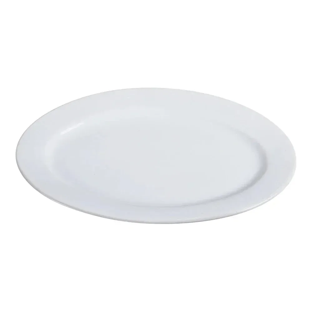 Large white chinaware serving platter from Yanco China with a refined oval shape, providing a generous surface for main courses or appetizers.