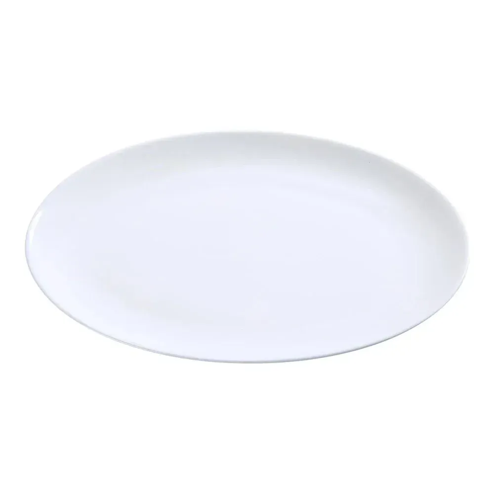 Elongated white chinaware coupe platter from Yanco China with colorful canapés and miniature desserts, offering sleek and refined buffet style.