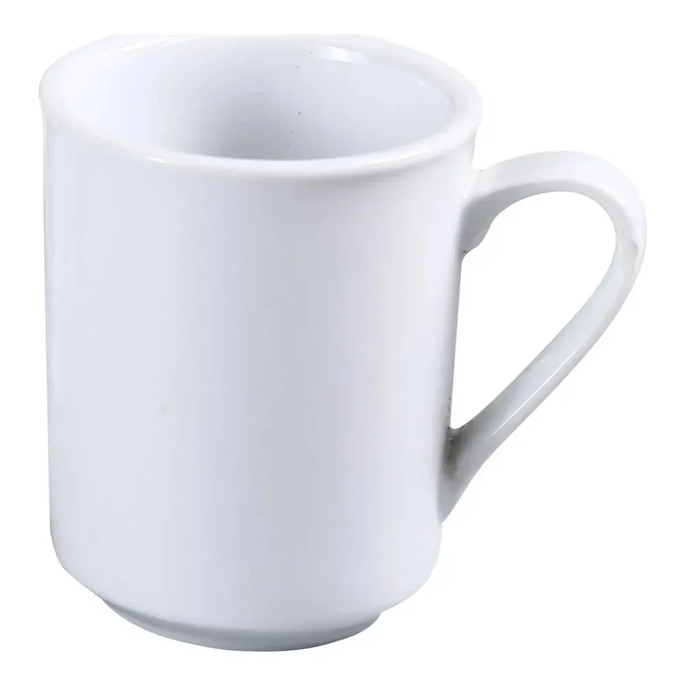 Stack of white chinaware coffee mugs by Yanco China on a wooden tray with saucers and spoons, ready for warm beverages at breakfast or coffee bars.