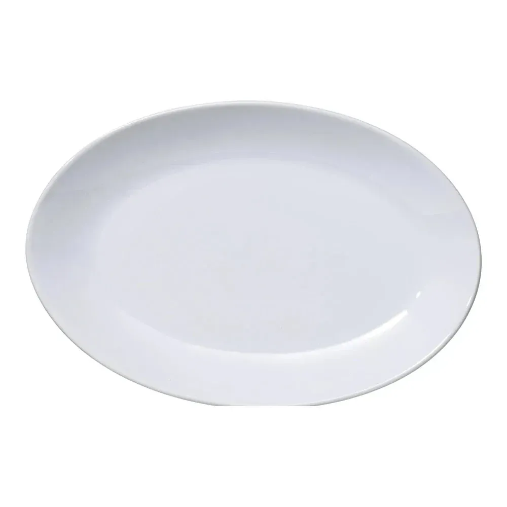 Medium white chinaware deep coupe platter from Yanco China with grilled shrimp and citrus slices, perfect for stylish catering or upscale buffets.