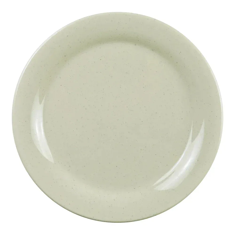 Clean white round melamine plate on a dark slate tabletop with side salad, designed by Yanco China to offer generous portions for restaurant service.