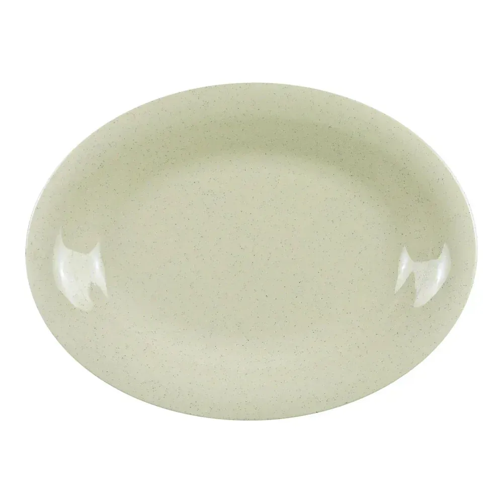 Oval melamine platter from Yanco China, ideal for elegant serving in restaurants or events, finished with a smooth durable glaze for lasting appeal.