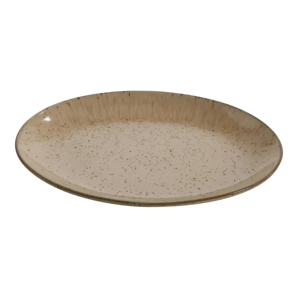 Small coupe platter from Yanco China with a stylish speckled design, great for individual servings of appetizers, snacks, or desserts in a neat way.