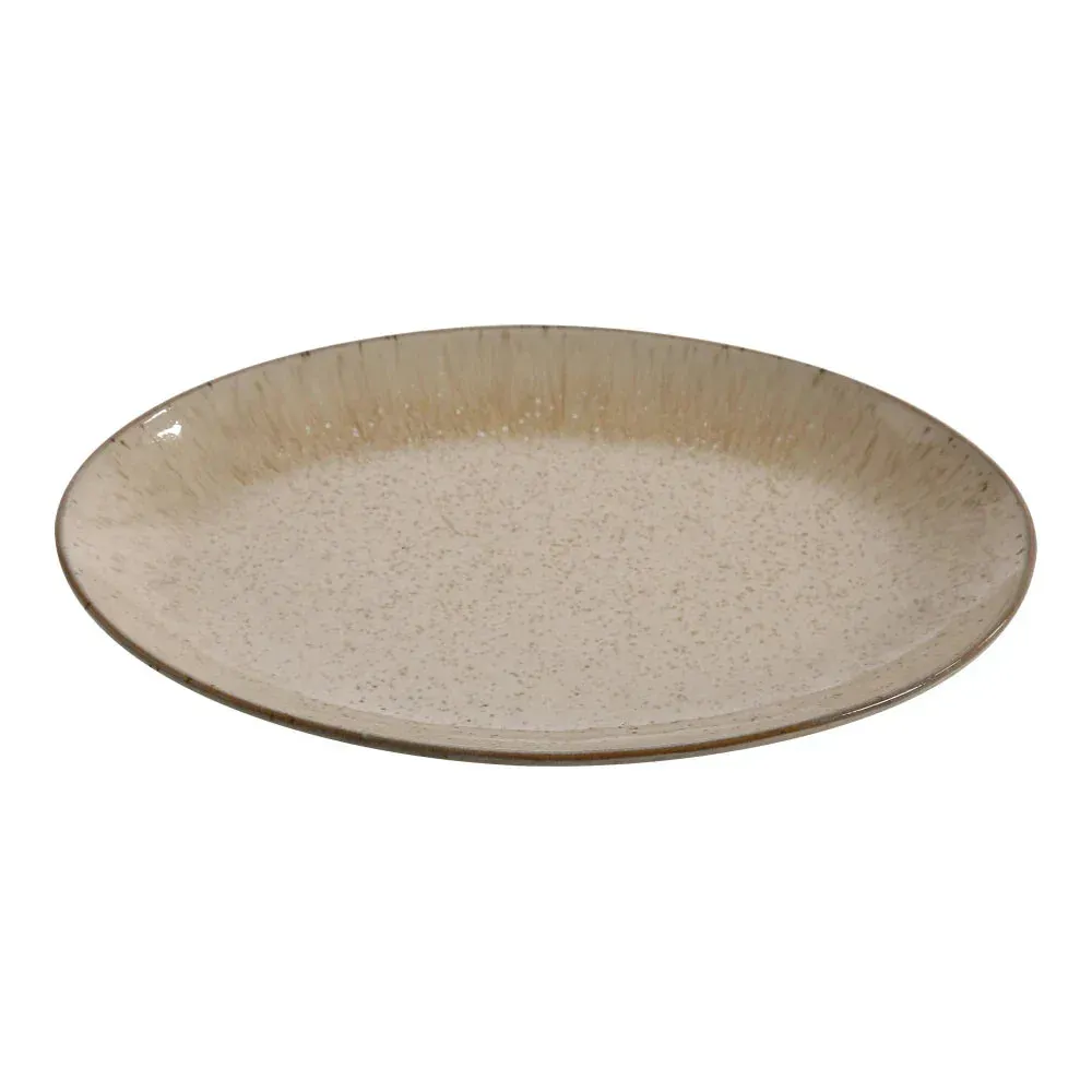 Medium coupe platter by Yanco China featuring a speckled pattern, ideal for serving fresh salads, desserts, or finger foods with rustic charm.