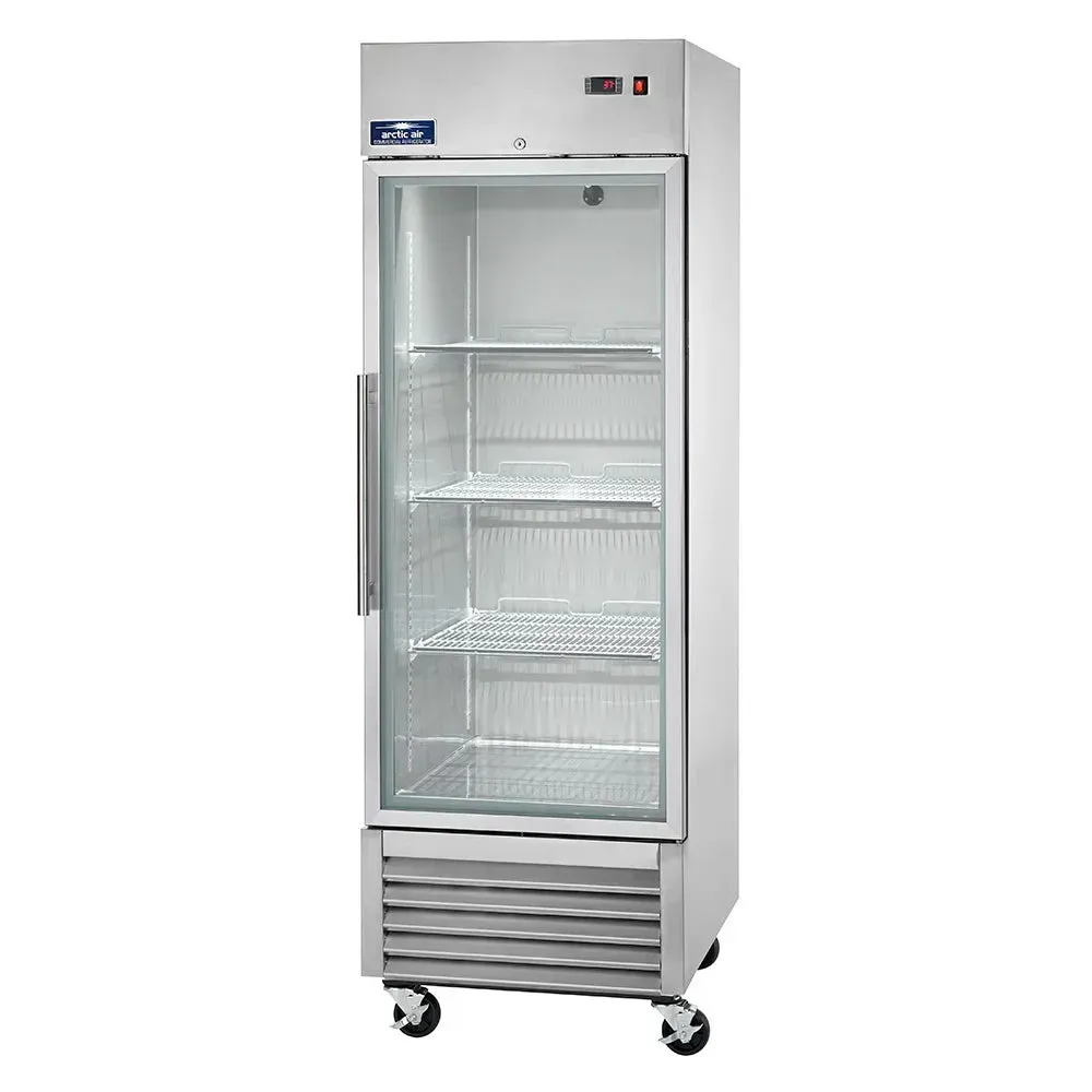 Arctic Air compact stainless reach-in refrigerator with single glass door, perfect for cafes needing reliable cold storage in limited spaces.