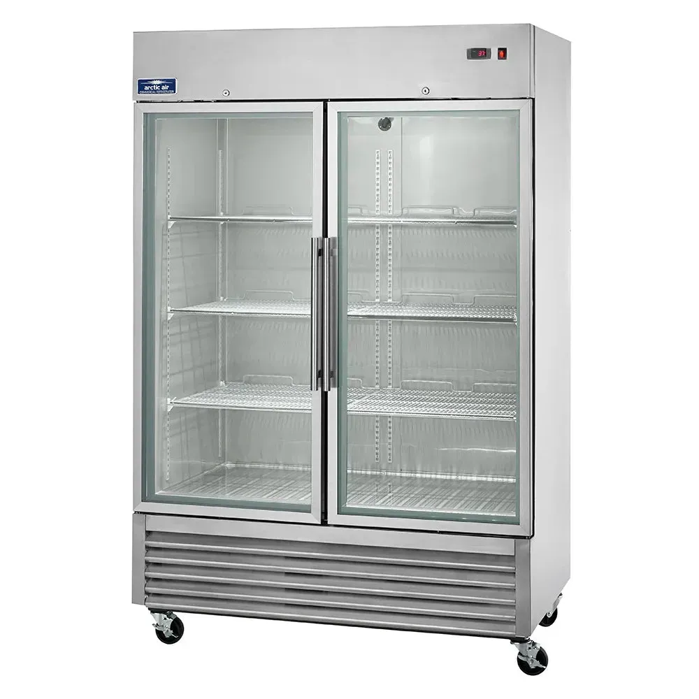 Arctic Air wide stainless reach-in refrigerator with glass doors, offers visibility and ample chilled storage for commercial kitchen needs.