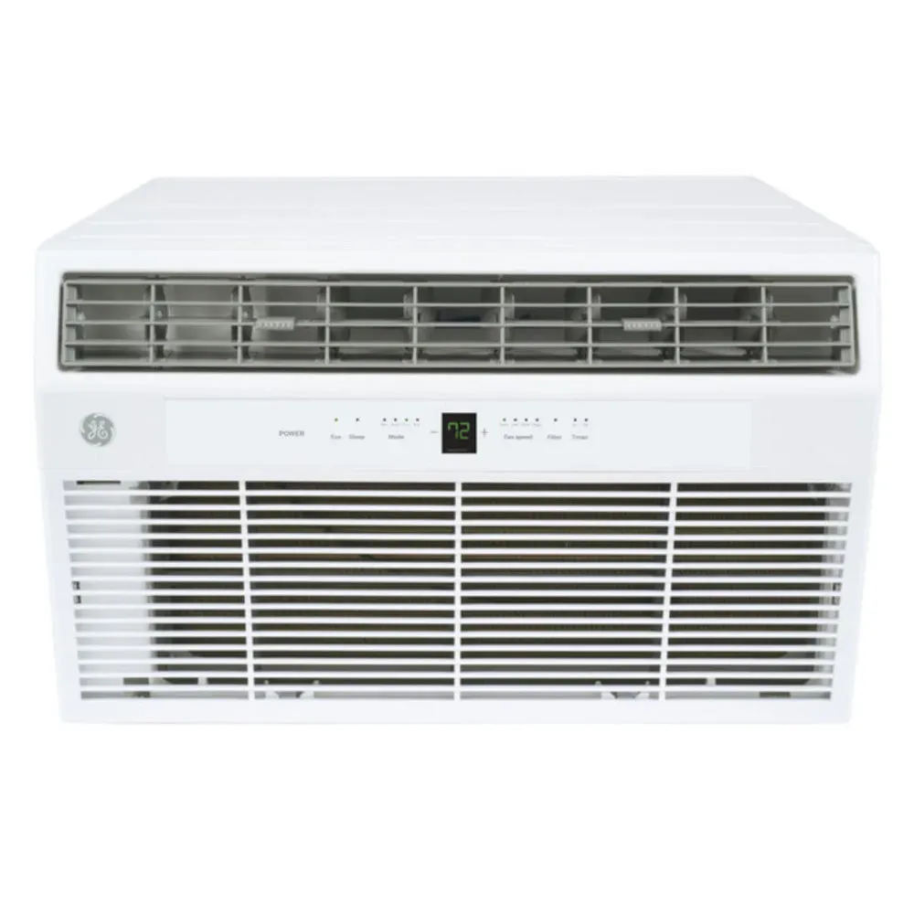 GE built-in thru-wall air conditioner with 3-speed fan, large LCD display, infrared remote, and universal sleeve for quick slide-in installation.