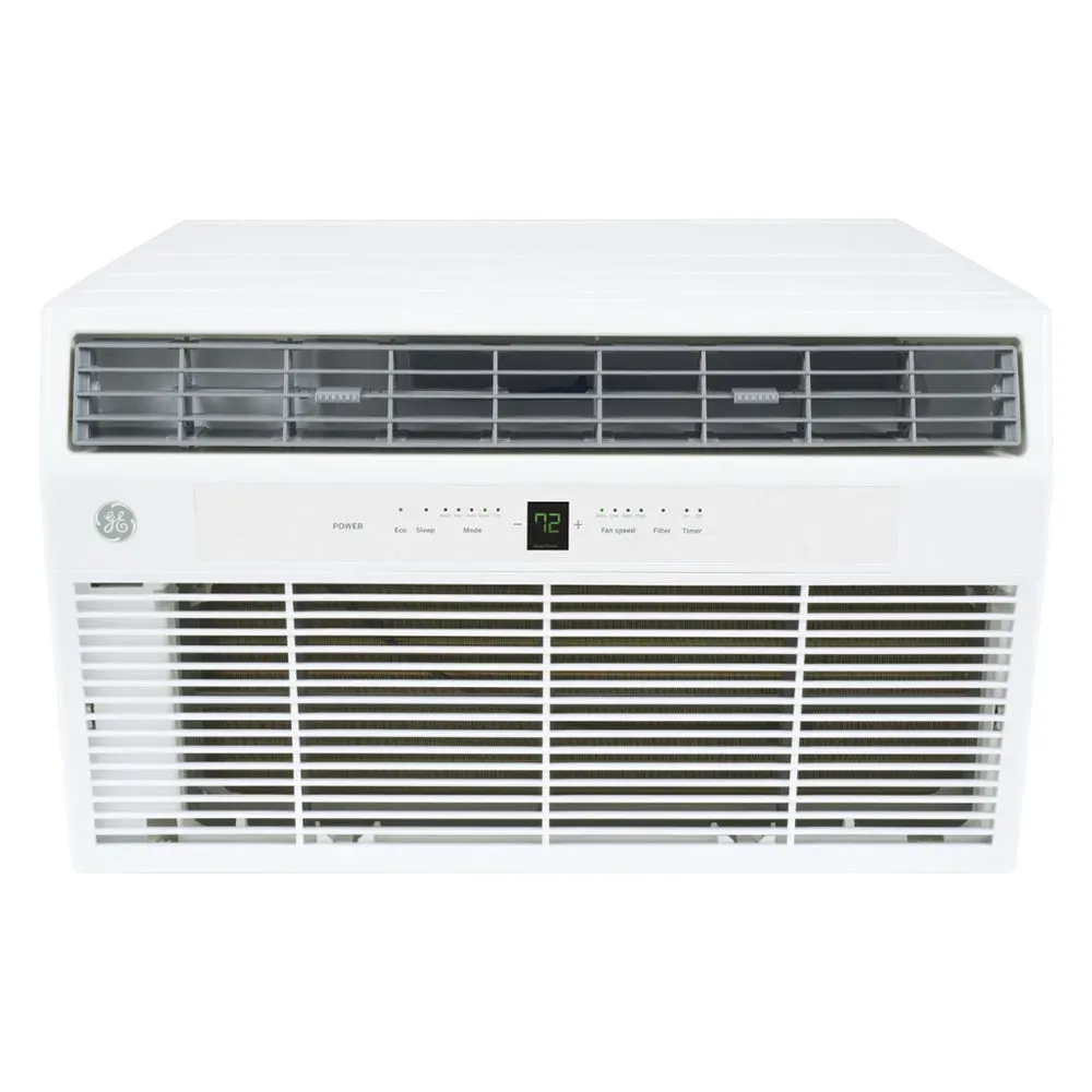 GE thru-wall air conditioner with 3-speed fan, large LCD display, multi-directional airflow, and slim profile for discreet, reliable cooling.