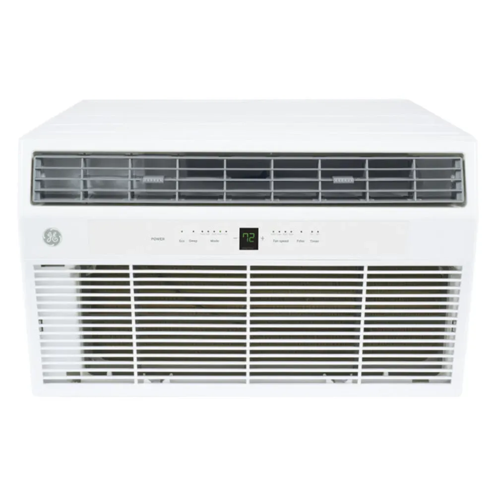 GE white through-the-wall air conditioner with a digital display, control panel, vented front grille, side louvers, and sleek fixed chassis design.