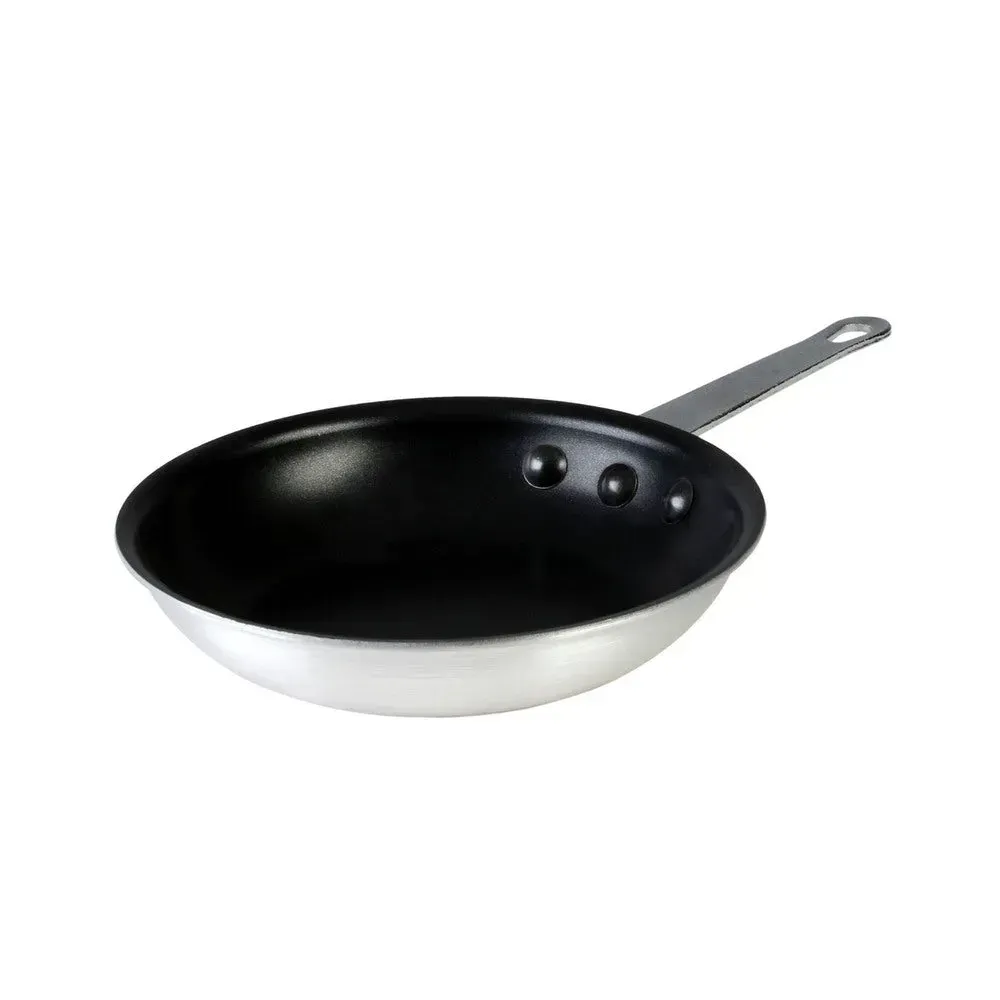 Large aluminum fry pan from Thunder Group with a plated iron handle, a durable and thick pan designed for professional style cooking.