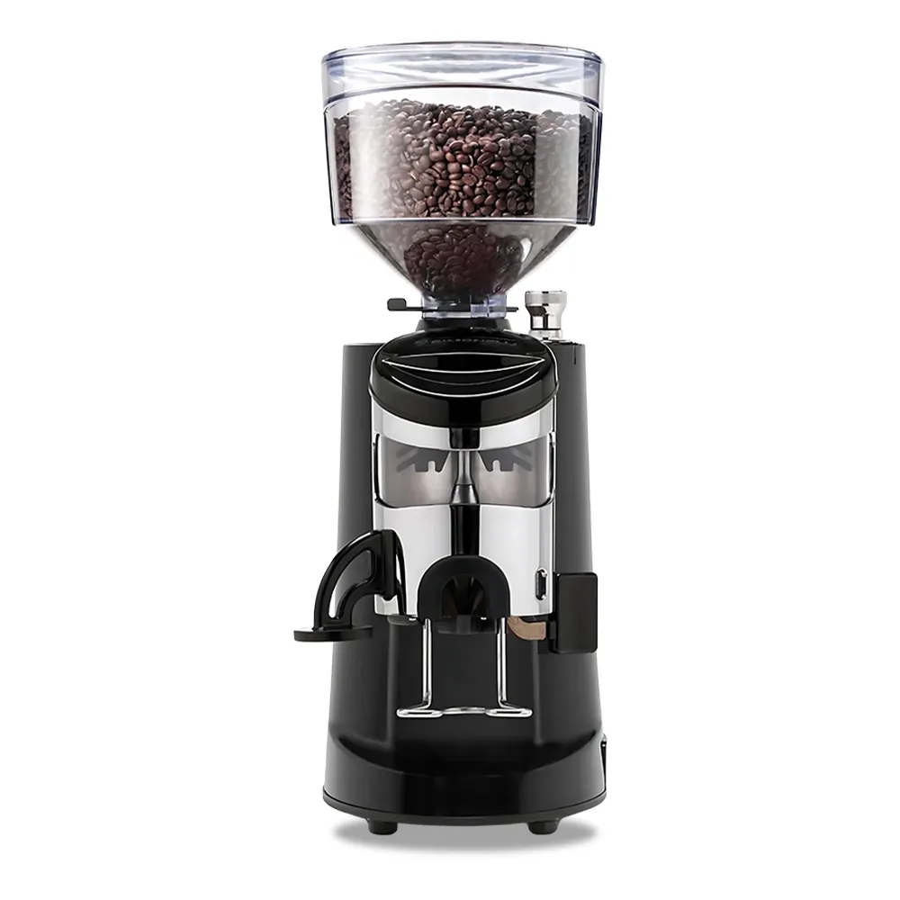 Nuova Simonelli automatic espresso grinder in brushed finish with side display and large hopper placed on a wood counter with soft café lighting.
