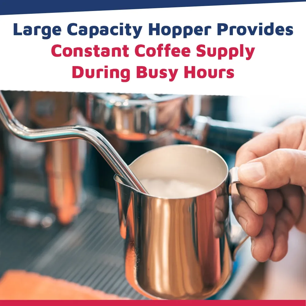 Nuova Simonelli automatic espresso grinder in brushed finish with side display and large hopper placed on a wood counter with soft café lighting.