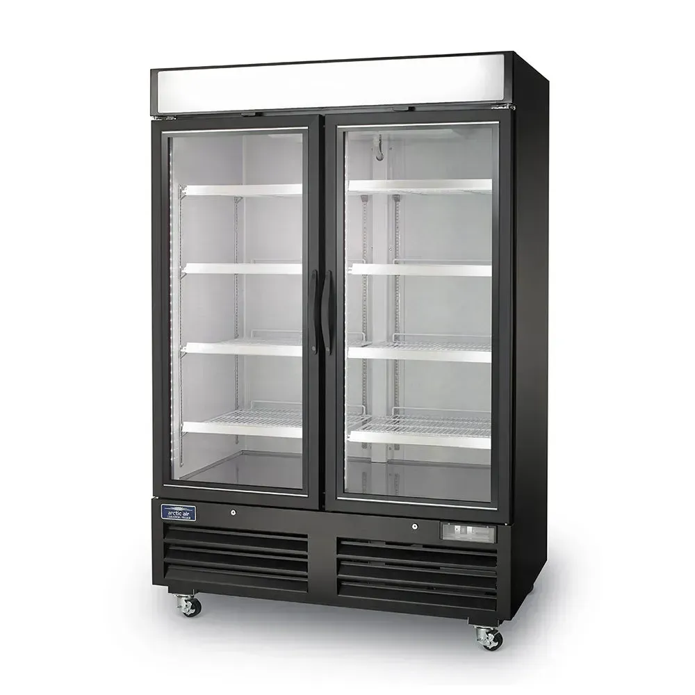 Arctic Air wide double-glass-door reach-in merchandiser freezer, ideal for showcasing frozen items in cafes, restaurants, or convenience stores.