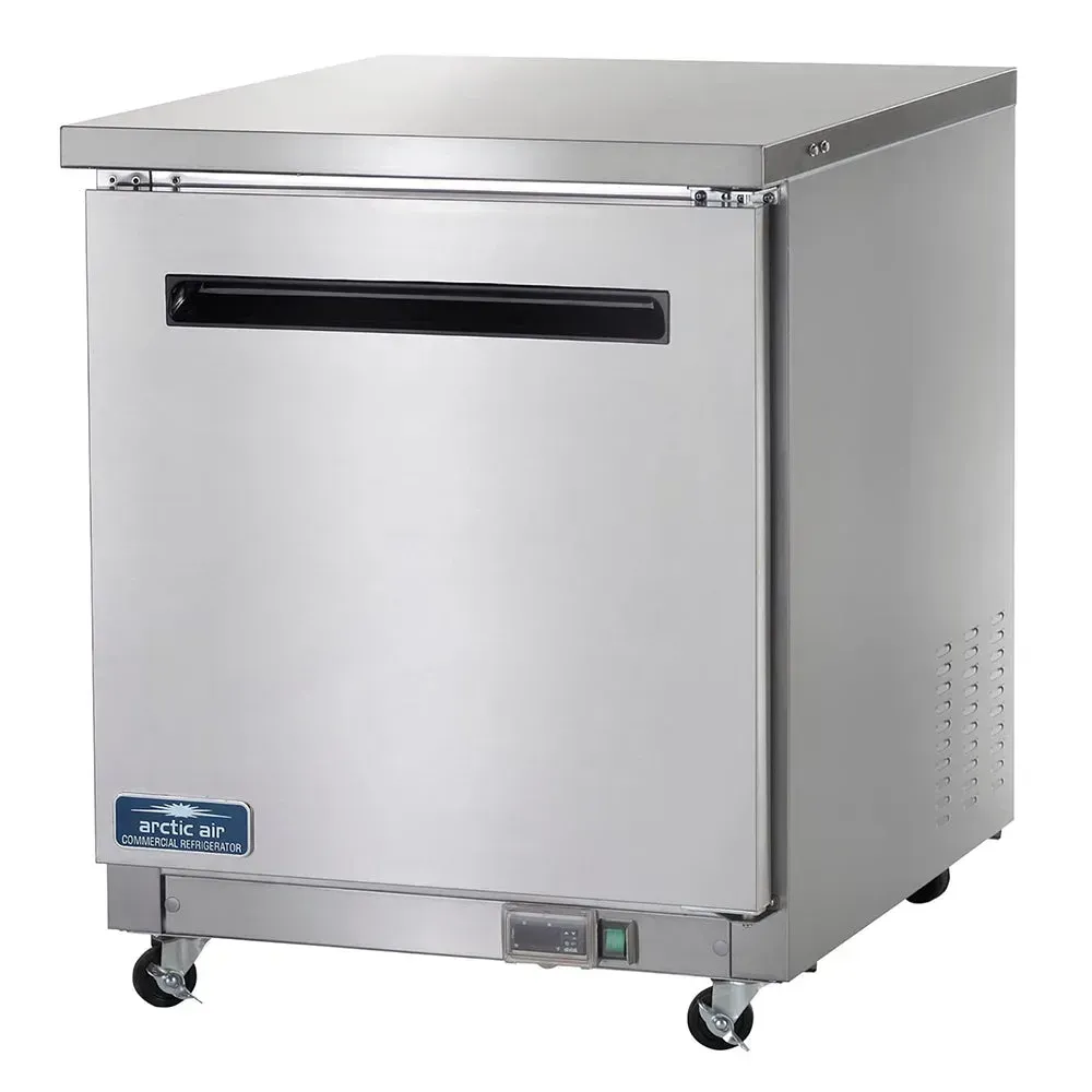 Arctic Air space-saving single-door under-counter freezer with stainless finish, ideal for cafes needing reliable frozen storage in tight spaces.