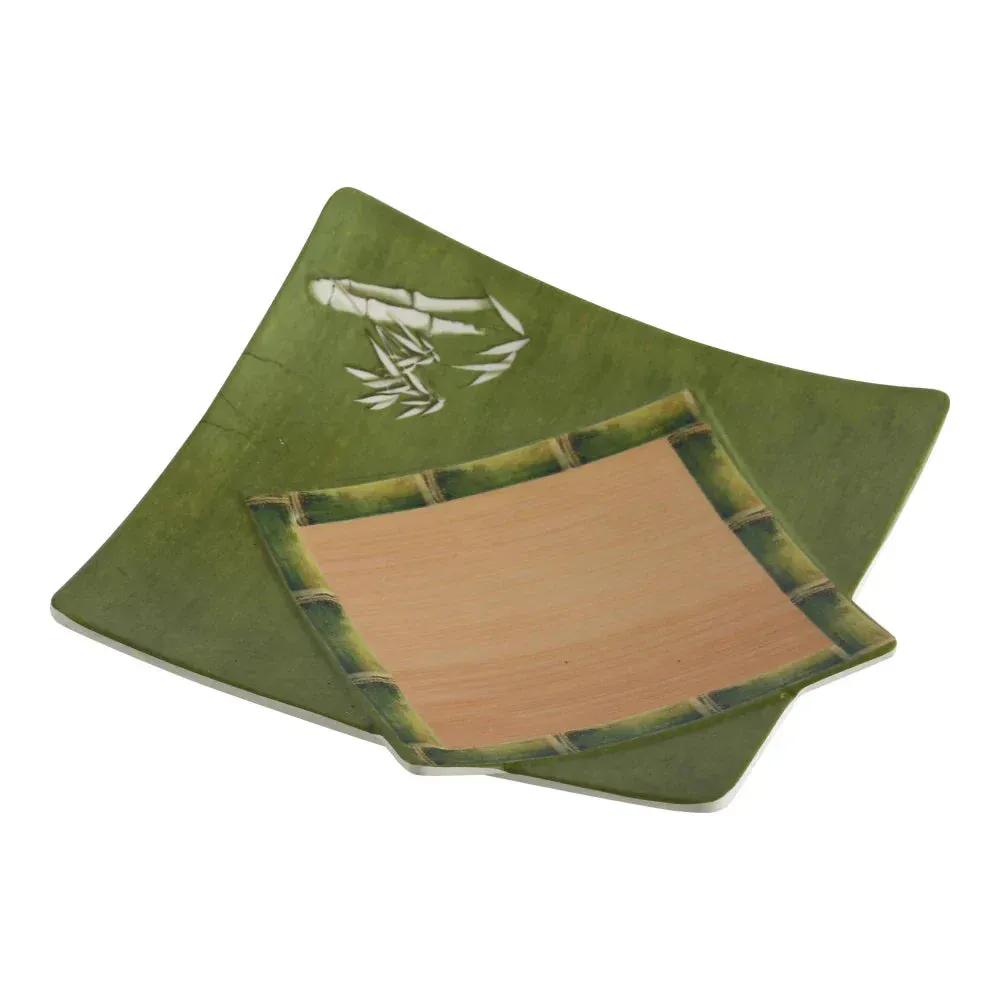 Melamine square plate from Yanco China with a bamboo finish and wide surface area, ideal for serving generous portions or shared dishes.