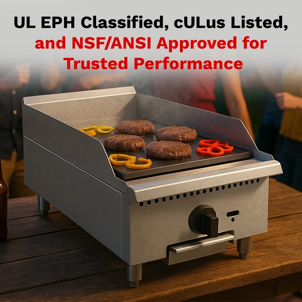 BakeMax Fifteen-inch gas griddle with compact countertop design, perfect for small cafés serving burgers or eggs daily, featuring fast warm-up time.