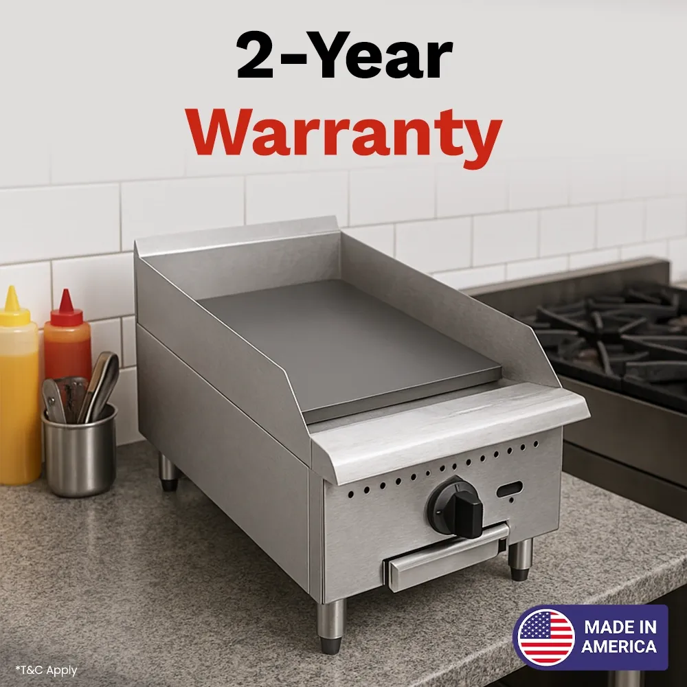 BakeMax Fifteen-inch gas griddle with compact countertop design, perfect for small cafés serving burgers or eggs daily, featuring fast warm-up time.