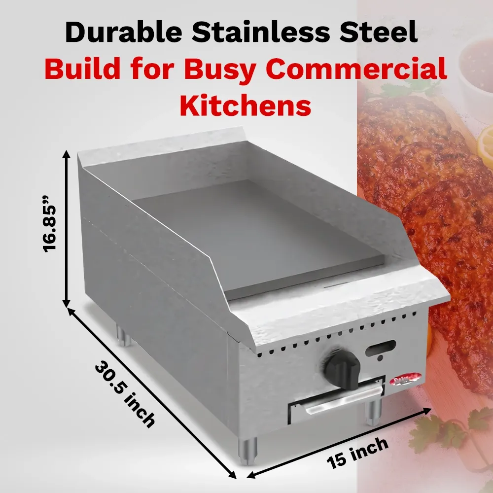 BakeMax Fifteen-inch gas griddle with compact countertop design, perfect for small cafés serving burgers or eggs daily, featuring fast warm-up time.