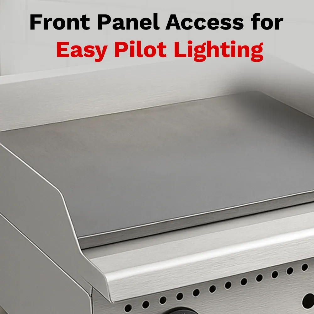 BakeMax Fifteen-inch gas griddle with compact countertop design, perfect for small cafés serving burgers or eggs daily, featuring fast warm-up time.