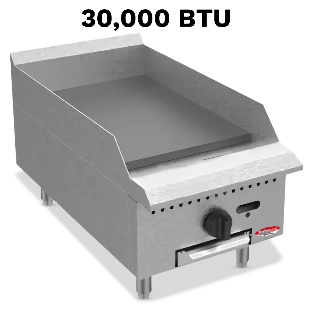 BakeMax Fifteen-inch gas griddle with compact countertop design, perfect for small cafés serving burgers or eggs daily, featuring fast warm-up time.