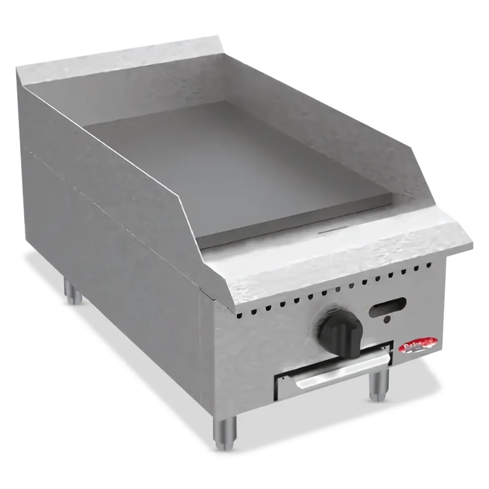 BakeMax Fifteen-inch gas griddle with compact countertop design, perfect for small cafés serving burgers or eggs daily, featuring fast warm-up time.