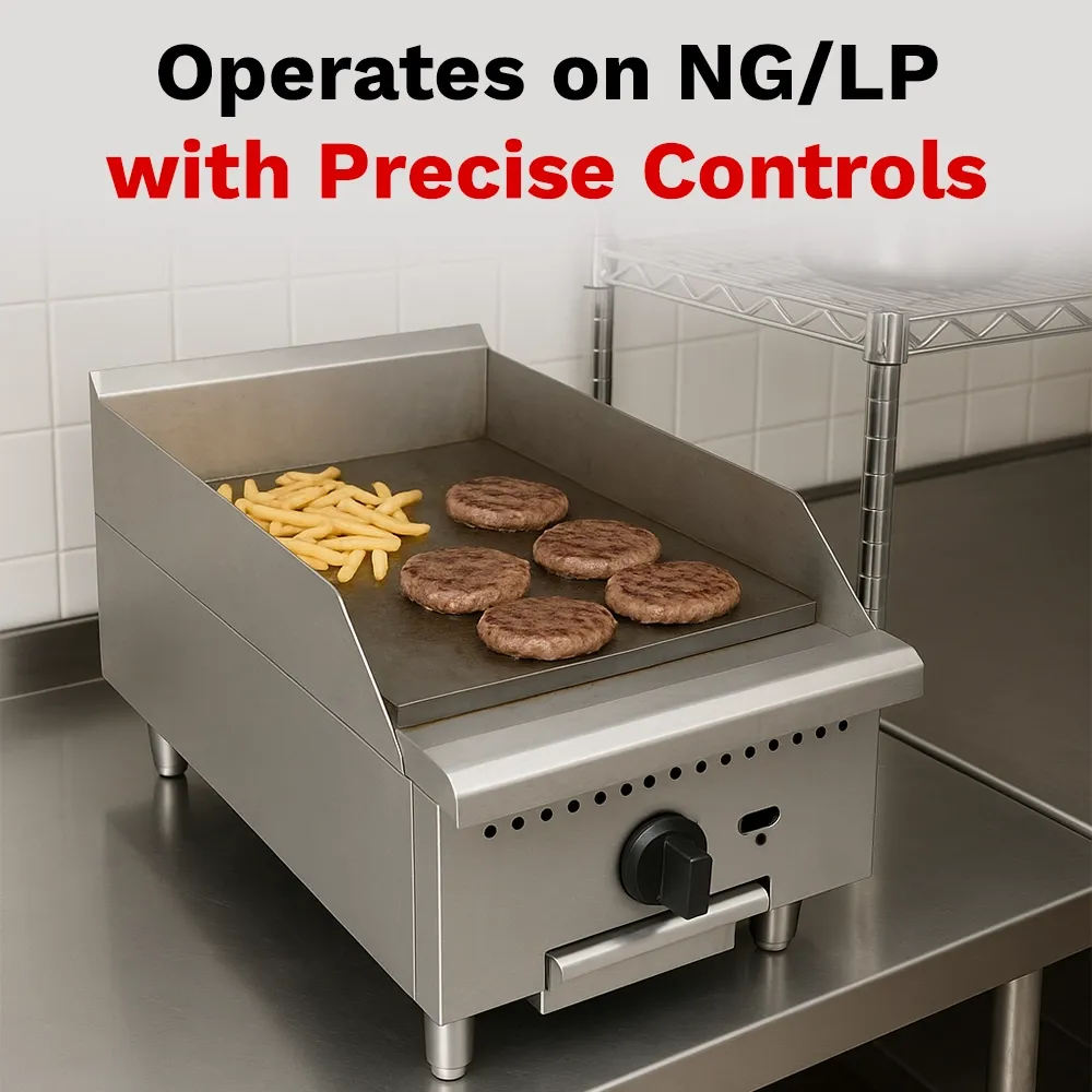 BakeMax Fifteen-inch gas griddle with compact countertop design, perfect for small cafés serving burgers or eggs daily, featuring fast warm-up time.