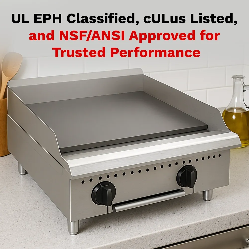 BakeMax 24-inch flat-top gas griddle with durable build, fits food trucks or compact kitchens needing reliable and easy-to-clean cooking surface.