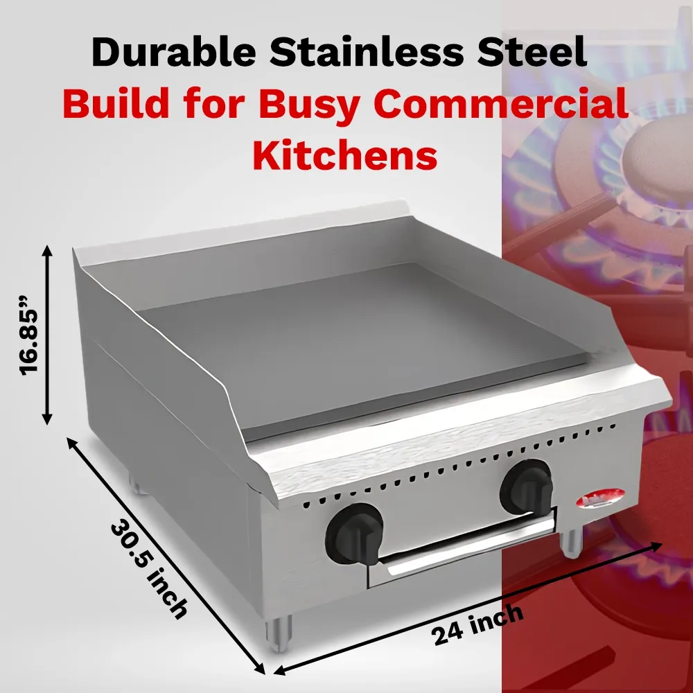BakeMax 24-inch flat-top gas griddle with durable build, fits food trucks or compact kitchens needing reliable and easy-to-clean cooking surface.