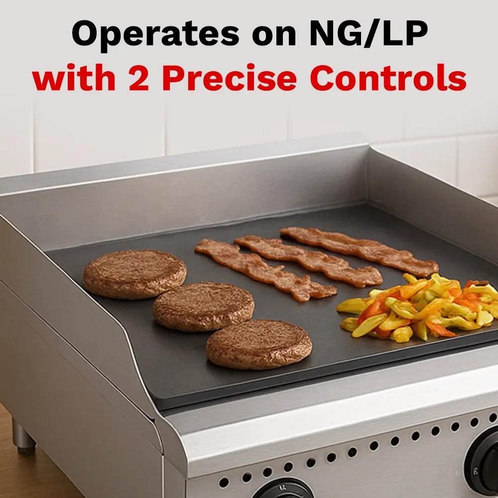 BakeMax 24-inch flat-top gas griddle with durable build, fits food trucks or compact kitchens needing reliable and easy-to-clean cooking surface.